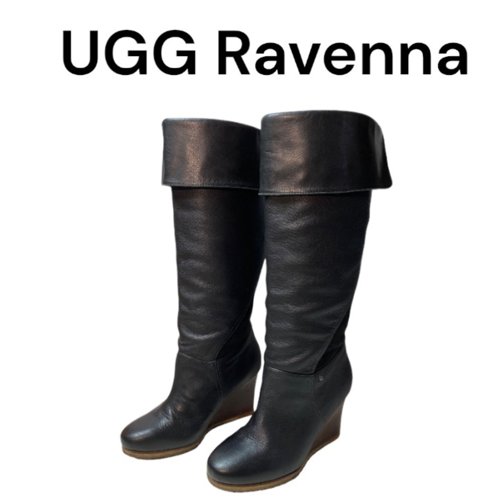 UGG Ravenna 3200 Black Nubuck Leather Sheepskin Tall Wedge Boots Size 6.5